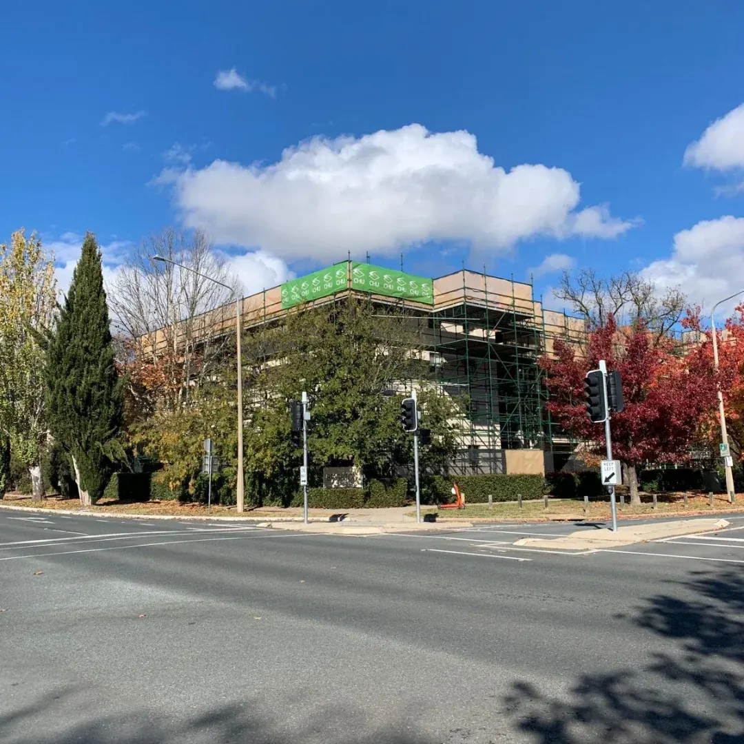 Kwik Stage scaffold supporting a hail-damaged slate roof replacement in Canberra