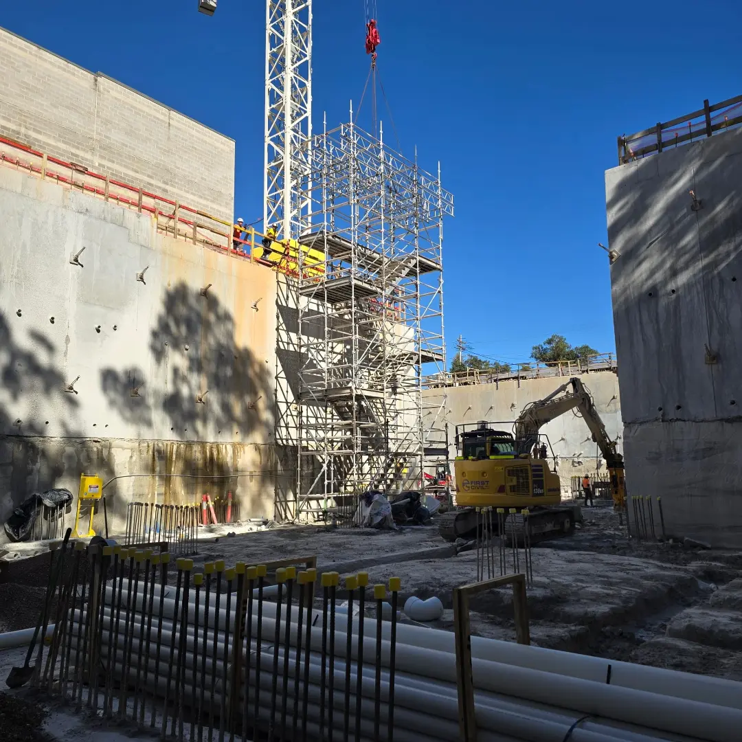 Mortlake, NSW — "Engineered For Efficiency. Built For Productivity." · Crane-lift aluminium stair tower