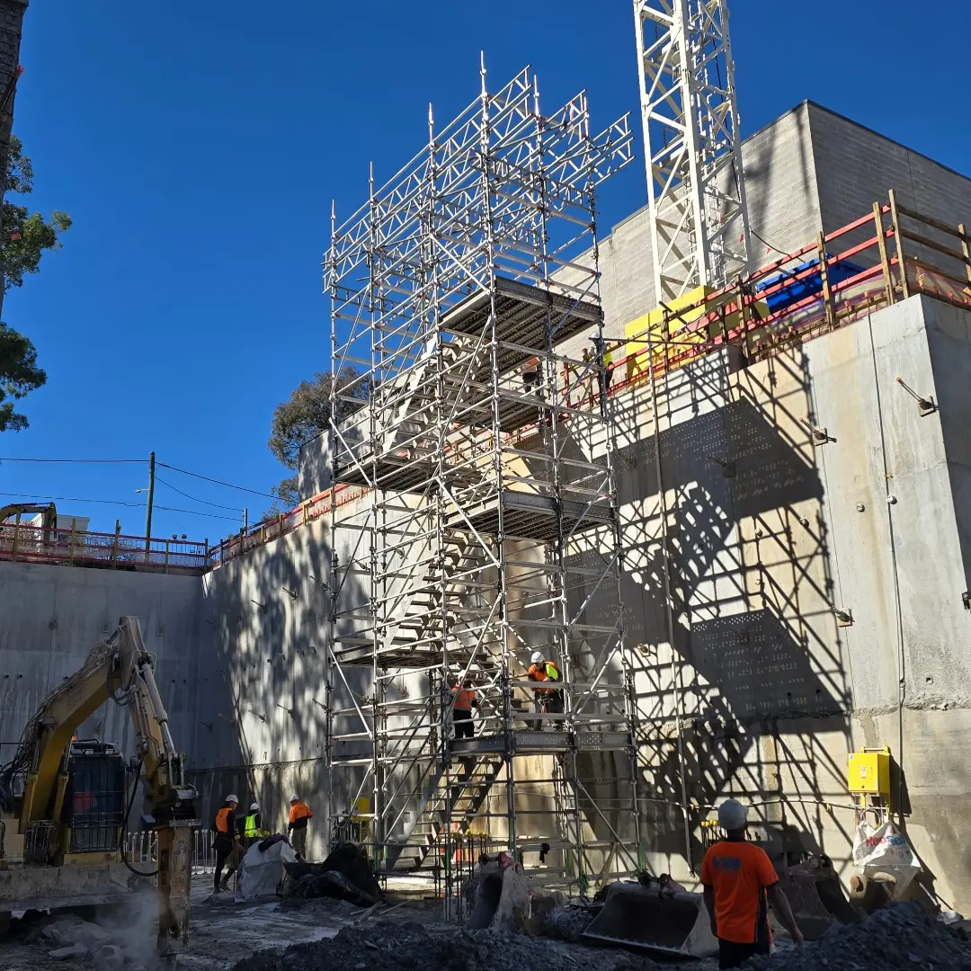 Mortlake, NSW — "Engineered For Efficiency. Built For Productivity." · Crane-lift aluminium stair tower