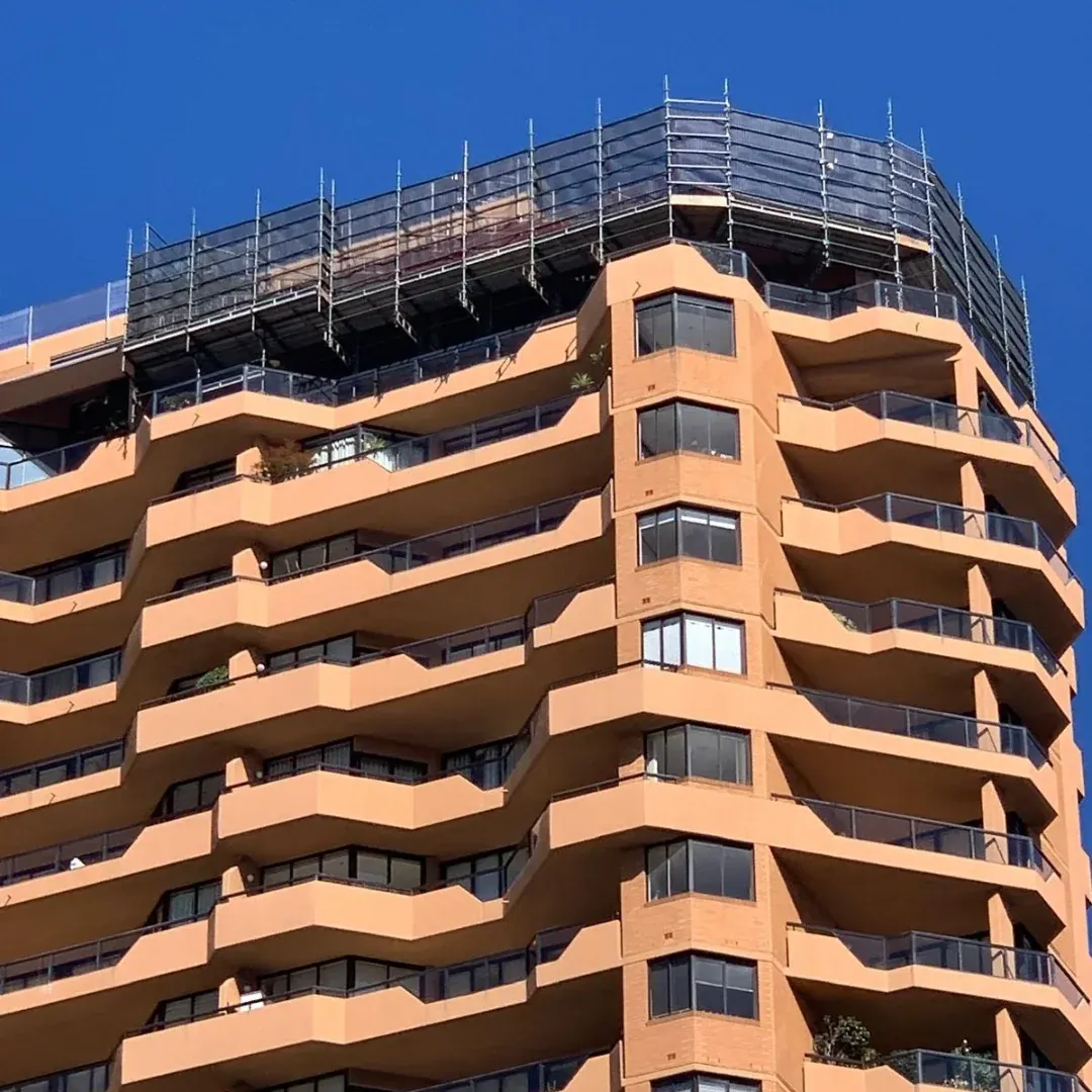 Suspended scaffold access for a high-rise roof replacement at Eastgate, Bondi Junction