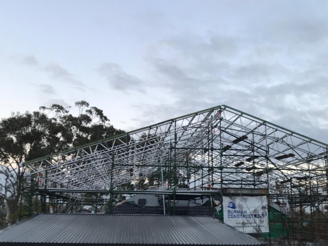 Temporary roof truss structure nearing completion