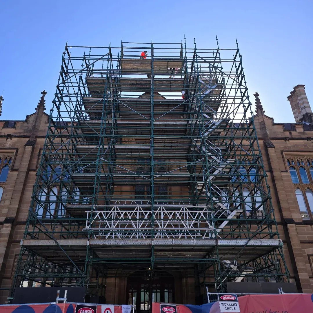 Scaffold access supporting heritage sandstone restoration work at the University of Sydney